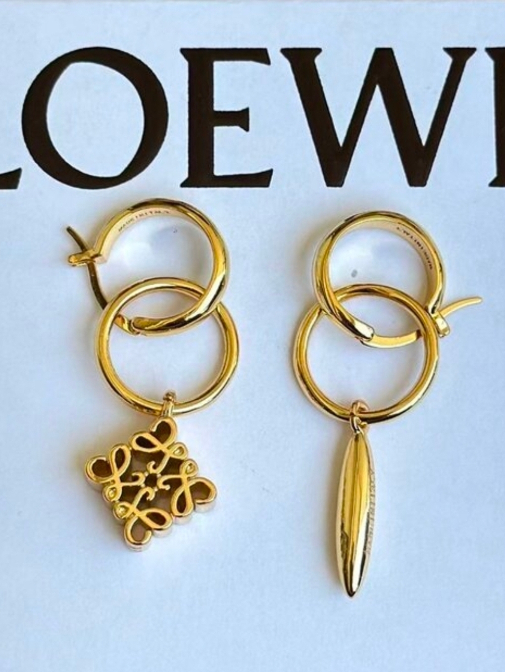 LOEWE Anagram Asymmetric Double Hoop Drop Earrings
